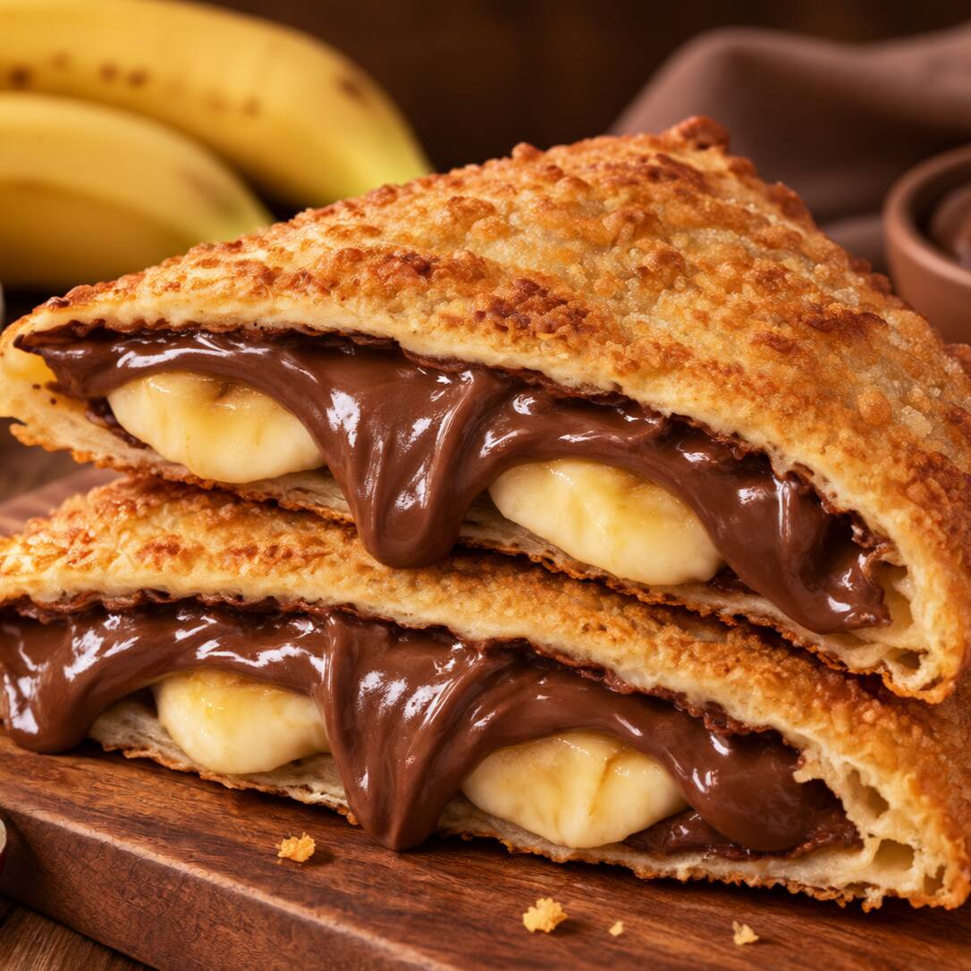 Pastel crocante e sequinho, recheado com banana e creme de avelã, uma combinação cremosa e irresistível, frito na hora e servido quentinho.