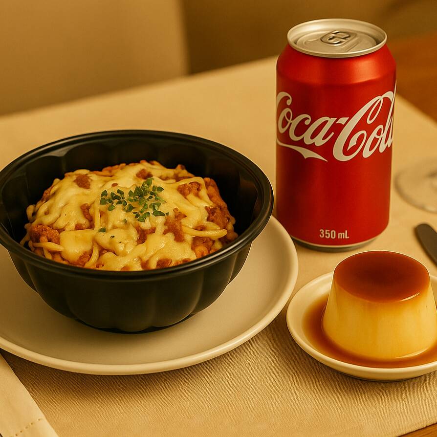 Macarrão à Bolonhesa Massa cozida no ponto certo com nosso molho bolonhesa artesanal, feito com carne moída refogada, tomate fresco e temperos que derretem na boca. Um clássico que conquista a cada garfada! + Coca Cola Lata