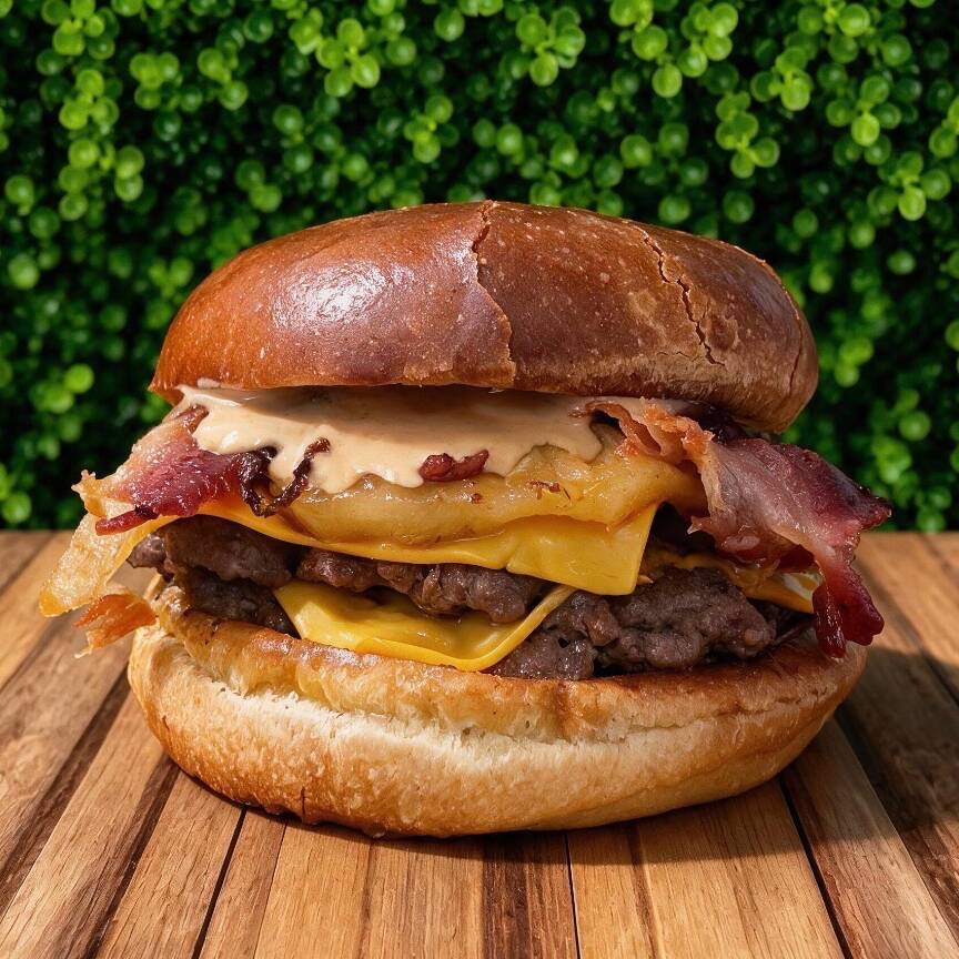 Pão brioche macio e selado, 2 suculentos smash de 75g cada com crostinha crocante, 2 fatias de queijo cheddar derretido, bacon crocante, uma rodela de abacaxi grelhado e um toque especial de mel. A combinação perfeita entre o salgado do bacon e a doçura tropical do mel com abacaxi!