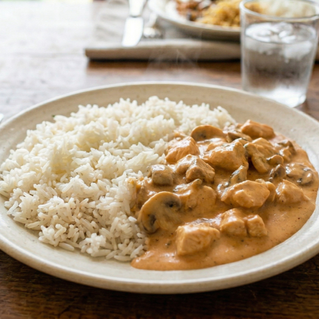 Strogonoff de frango + arroz + feijão SSF