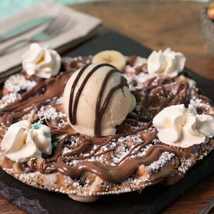 Waffle Plátano, Helado y Nutella