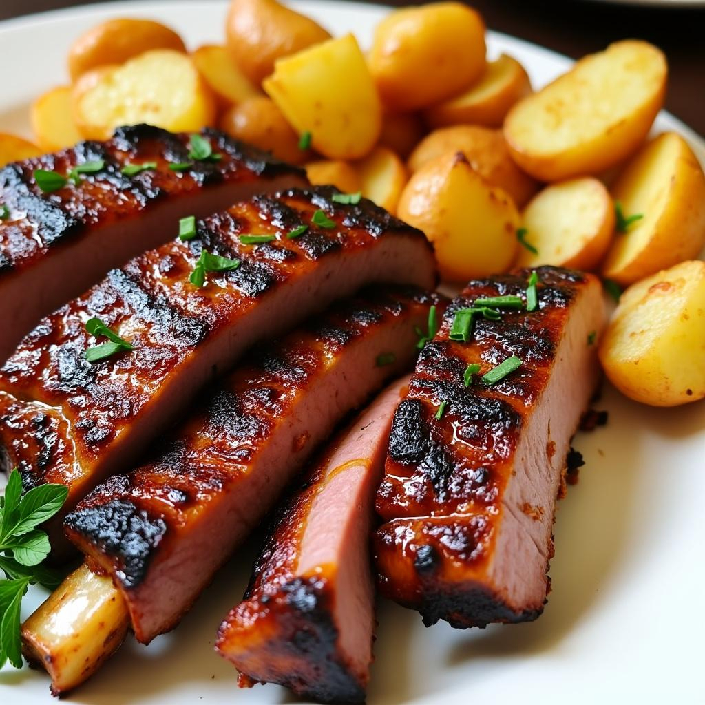 Deliciosa costelinha assada + porção de batatas coradas com tempero especial, média de 6 unidades + pote de farofa média de 30g. Vai em embalagem Térmica! Quentinho por mais tempo !