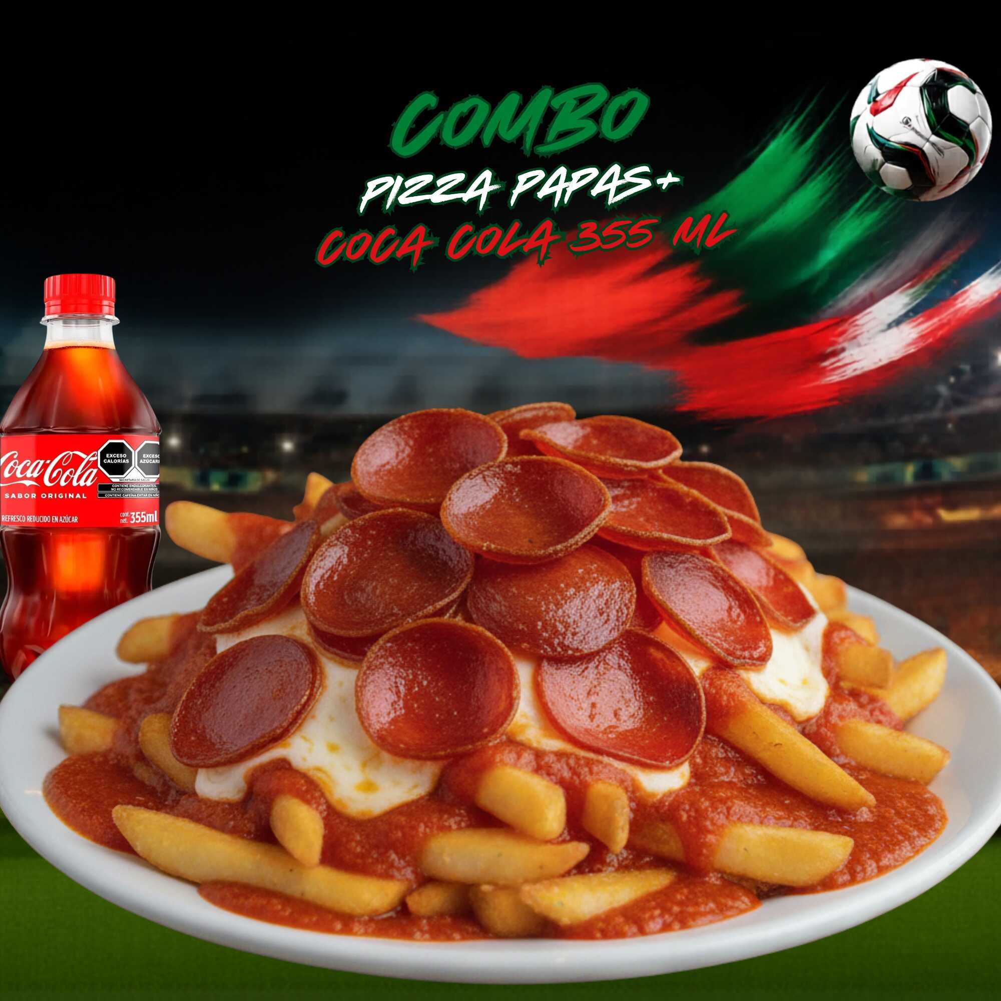 Pizza Papas + Coca Cola
