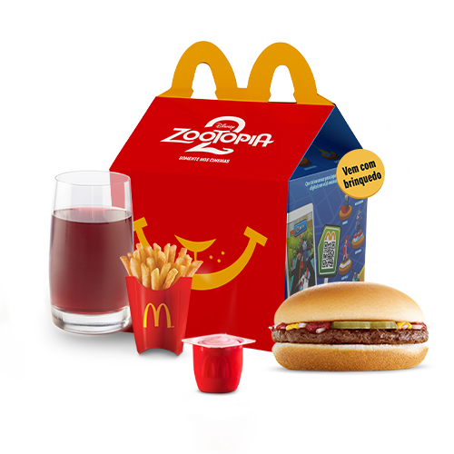 O McLanche Feliz acompanha sanduíche hambúrguer com tomatinho ou McFritas como acompanhamento, uma refrescante bebida e Petit Suisse do Méqui como sobremesa. Brinquedo sujeito a disponibilidade de estoque por restaurante. Confira informações nutricionais