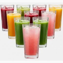 Laranja, Limão, Abacaxi, Abacaxi com Hortelã, Maracujá, Morango, Frutas Vermelhas