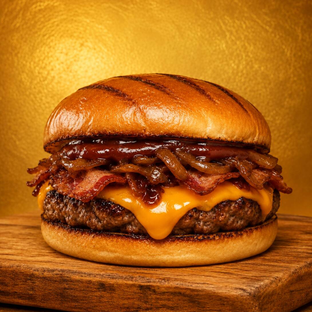 PÃO GRELHADO, CARNE ARTESANAL (80g) QUEIJO CHEDDAR CREMOSO,BACON EM TIRAS MOLHO BARBECUE E CEBOLA CARAMELIZADA.