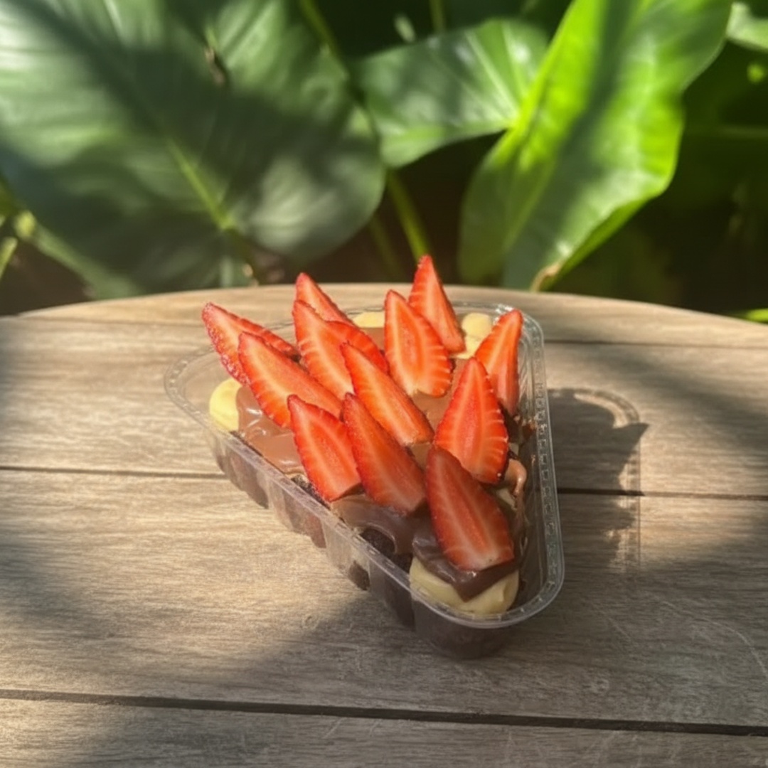 Uma generosa fatia do nosso brownie artesanal, macio por dentro e intenso em chocolate, coberta com brigadeiro cremoso de Ninho, Nutella e morangos frescos. Uma sobremesa extremamente cremosa, chocolatuda e irresistível que ativa sua dopamina na primeira colherada. (Aqueça 30 segundos no microondas e surpreenda-se com esta delícia que vai alegrar seu Dia)