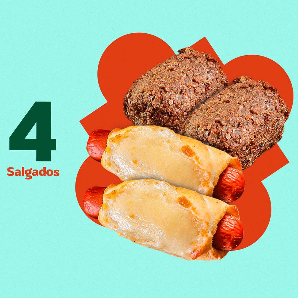 Escolha 4 salgados da sua preferência e saboreie uma experiência inesquecível com os nossos doguinhos e kibes perfeitos.