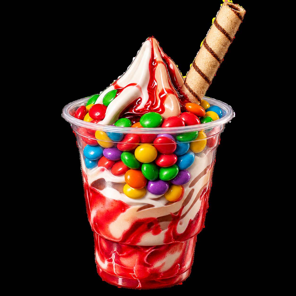 Copo de sundae com sorvete ou açaí com cobertura , acompanhamentos e tubetes (Biju)