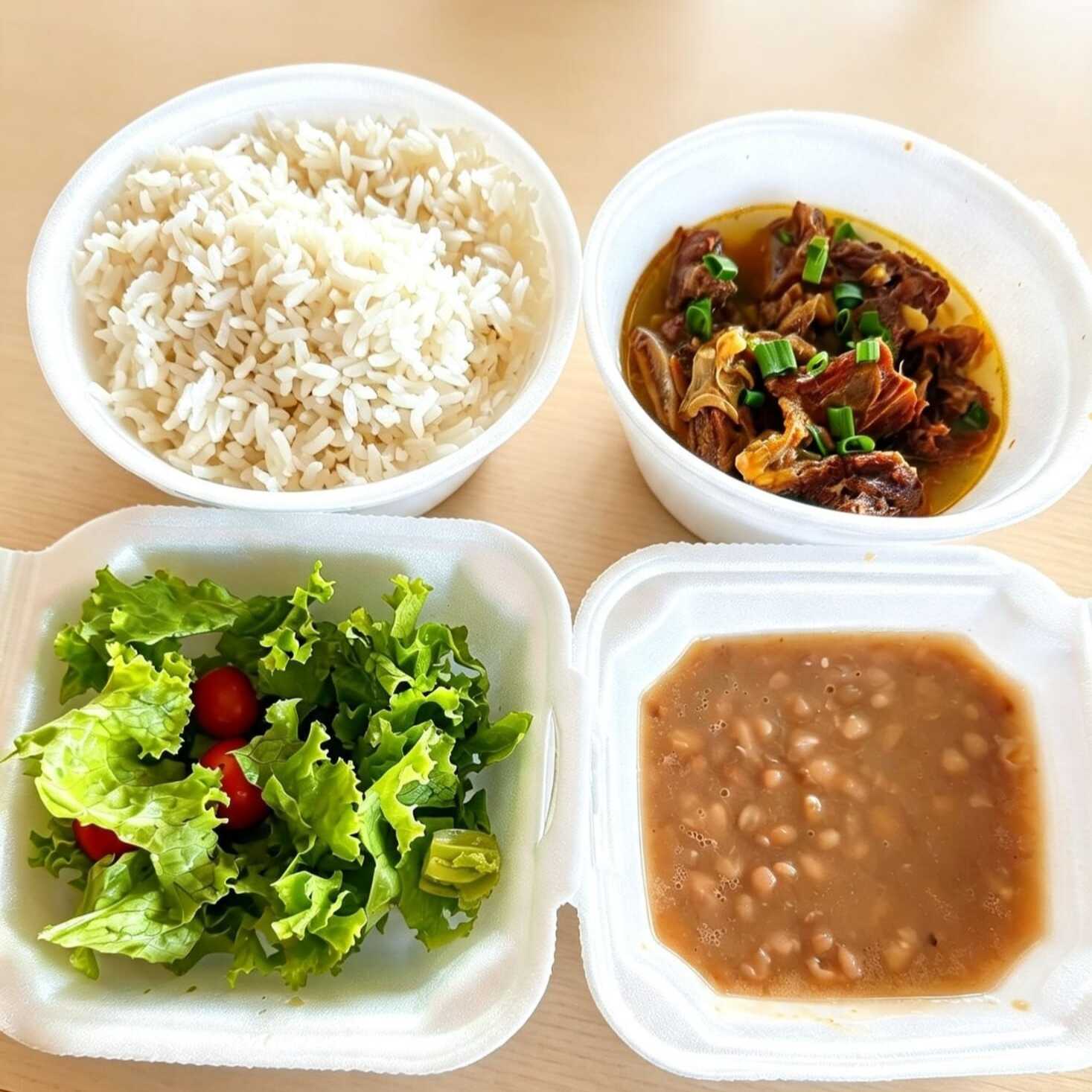 Arroz Soltinho, Feijão, Carne de Panela Bem Temperada e Saladinha Uma Refeição Caseira e Bem Servida aprox 800g