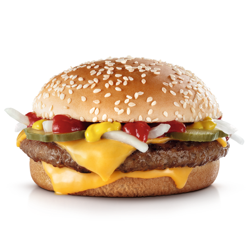 Um hambúrguer (100% carne bovina), queijo cheddar, picles, cebola, ketchup, mostarda e pão com gergelim