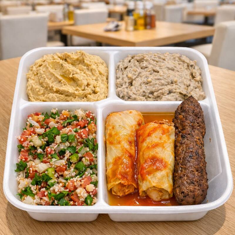 Homus, Babaganuche, Tabule, Charuto de repolho, Kafta no espeto