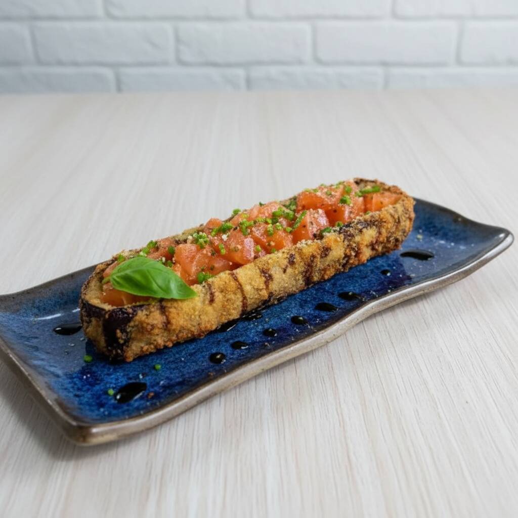 Delicioso hot Filadélfia recheado com cream cheese e salmão, aberto e adicionado salmão em cubos tarê,cebolinha e gergelim