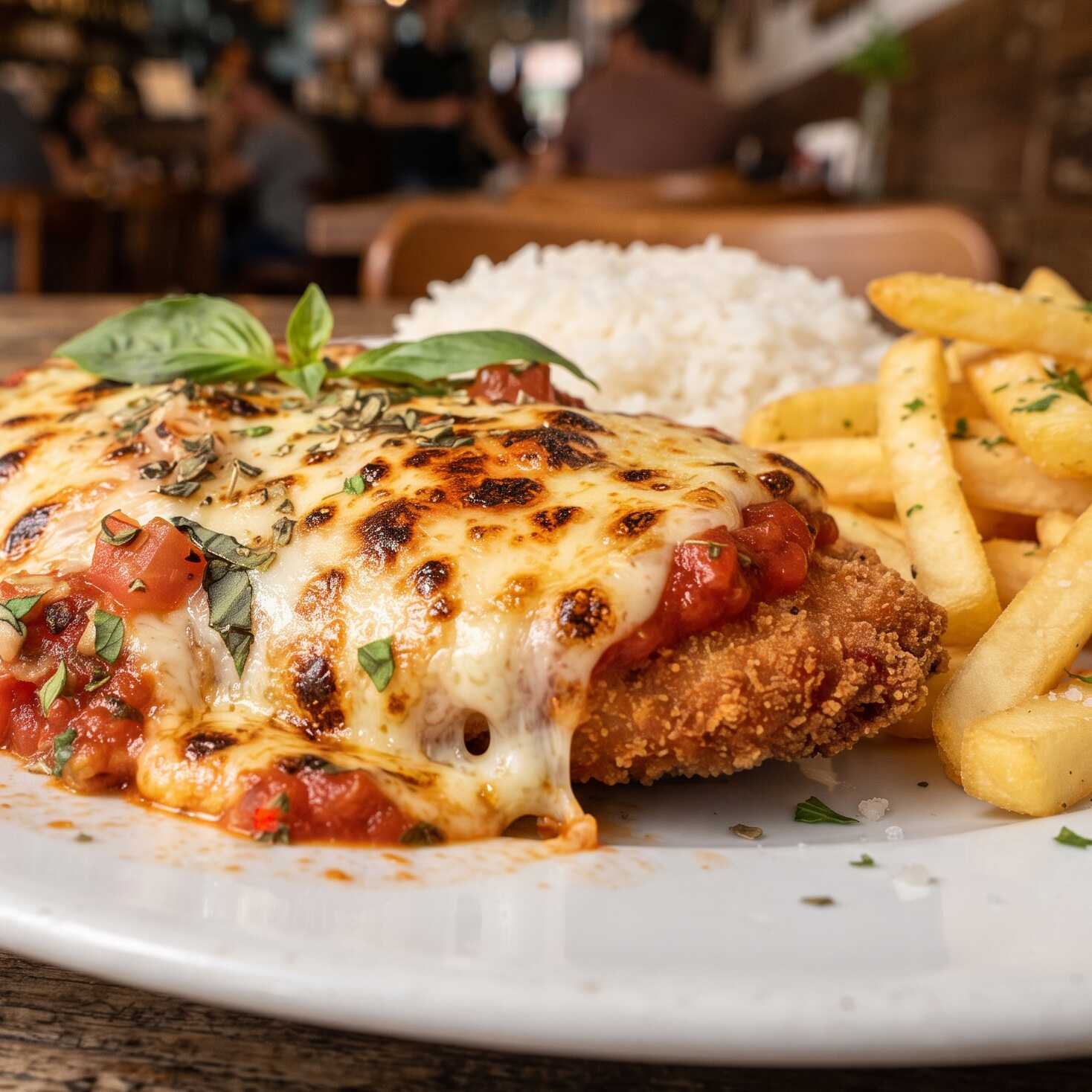 Cuidadosamente preparada com molho de tomate fresco e uma generosa camada de queijo gratinado que derrete na boca. Uma verdadeira obra-prima de sabor e textura!
Para acompanhar essa maravilha, escolha entre o clássico Arroz Branco . Completam essa experiência gastronômica e as nossas inconfundíveis Batatas Fritas douradas. Uma refeição completa e memorável, perfeita para qualquer ocasião!