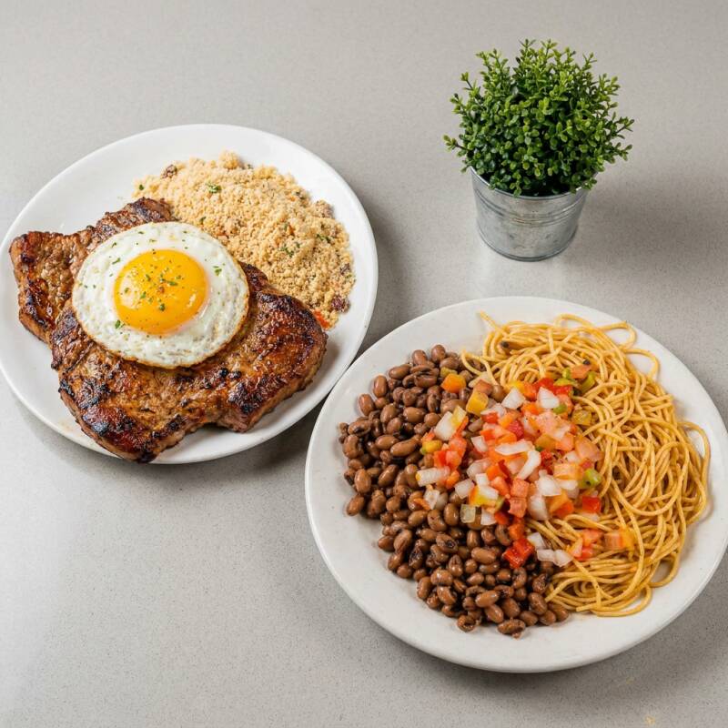 Bife - arroz, macarrão, vinagrete, farinha e feijão (preto, mulatinho ou macassa), batata maionese.
