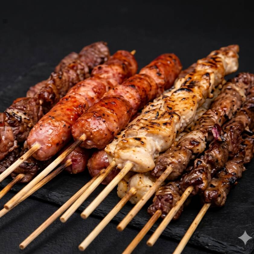 2 espetinhos de carne, 2 espetinhos de coração, 2 espetinho de linguicinha,2 espetinho de frango. Refri 500ml, Acompanhamentos farofa, vinagrete e molho.