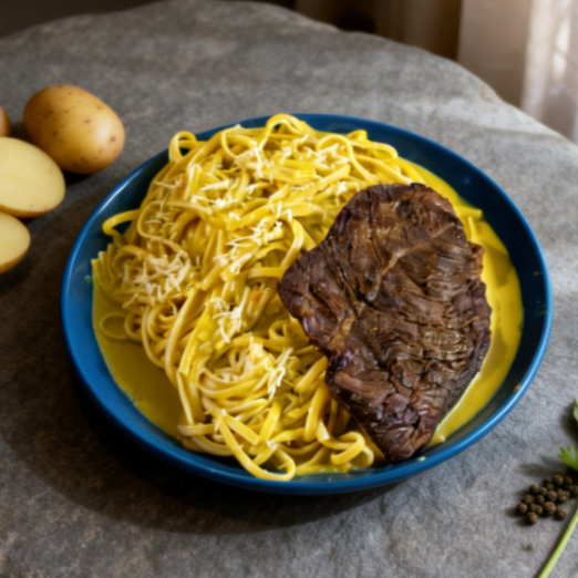 Tallarín a la Huancaína con Bistec Frito