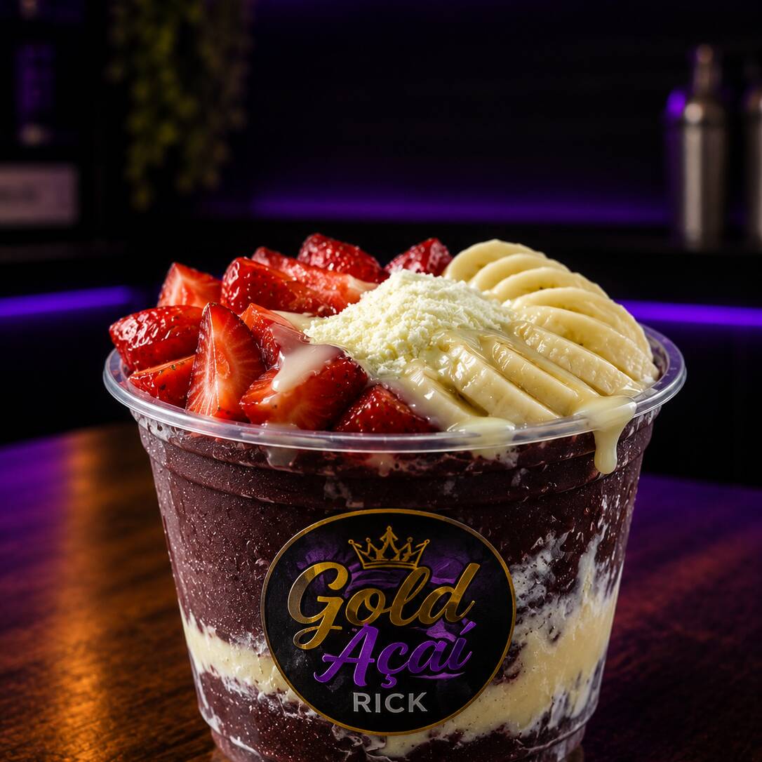 Creme de açai bem recheado com leite em pó, leite condensado, morango é banana.