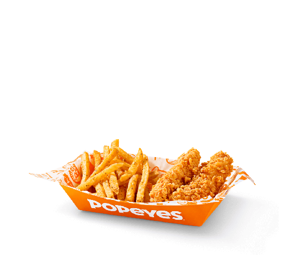 Duas deliciosas Tiras de Filé 100% peito de frango (com tempero a sua escolha) e a famosa Fritas Cajun.