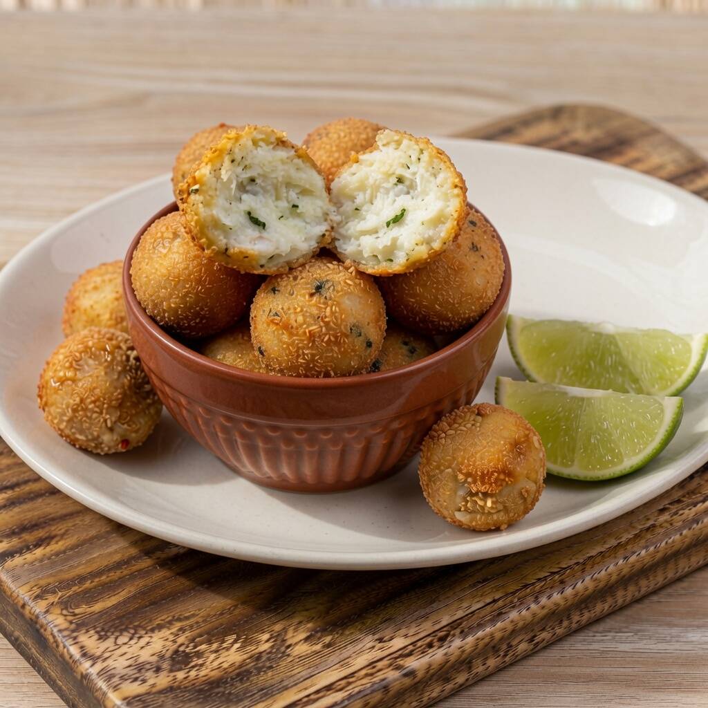 10 unidades de bolinho de bacalhau tradicional (30g cada), com massa leve e muito recheio de bacalhau