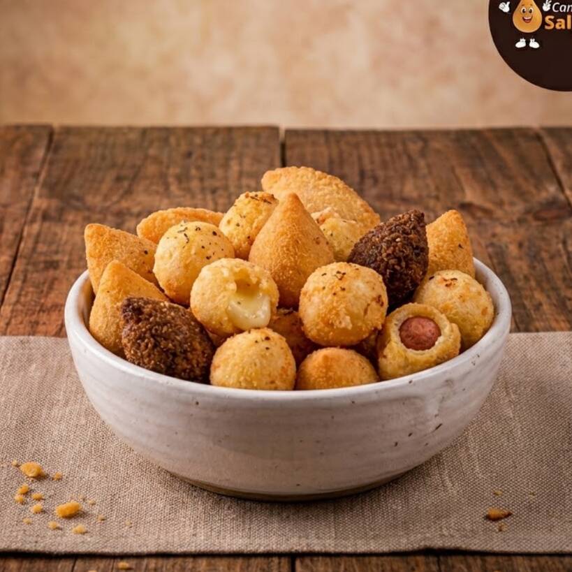 25 salgadinhos sortidos de aproximadamente 20 gramas cada , nos sabores, frango, carne , queijo, pizza, kibe e croquete. ( não alteramos itens)