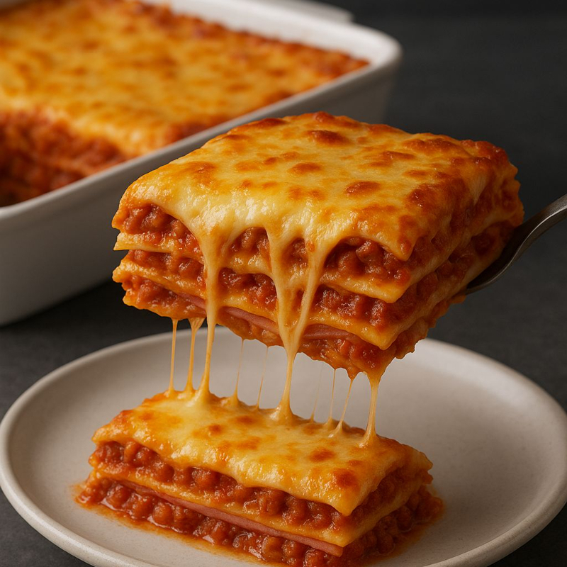Lasanha à bolonhesa com presunto e queijo e um delicioso e bem temperado molho vermelho