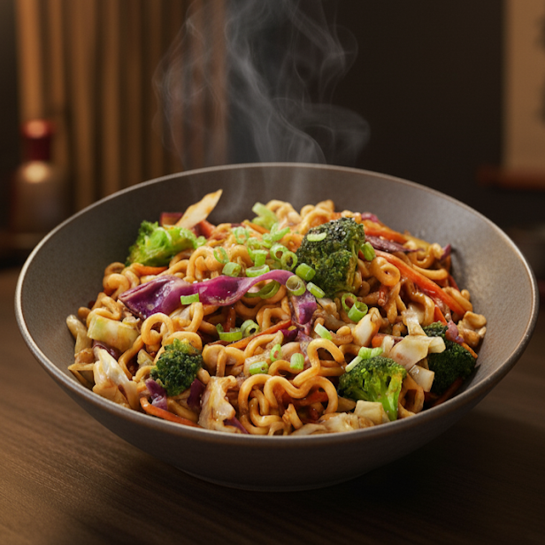 Massa oriental perfeitamente cozida e salteada, Proteínas, Repolho Roxo e Verde, Cenoura e Acelga envolvidos em um molho especial à base de shoyu, tonkatsu, hondashi, ajinomoto, alho e óleo de gergelim.