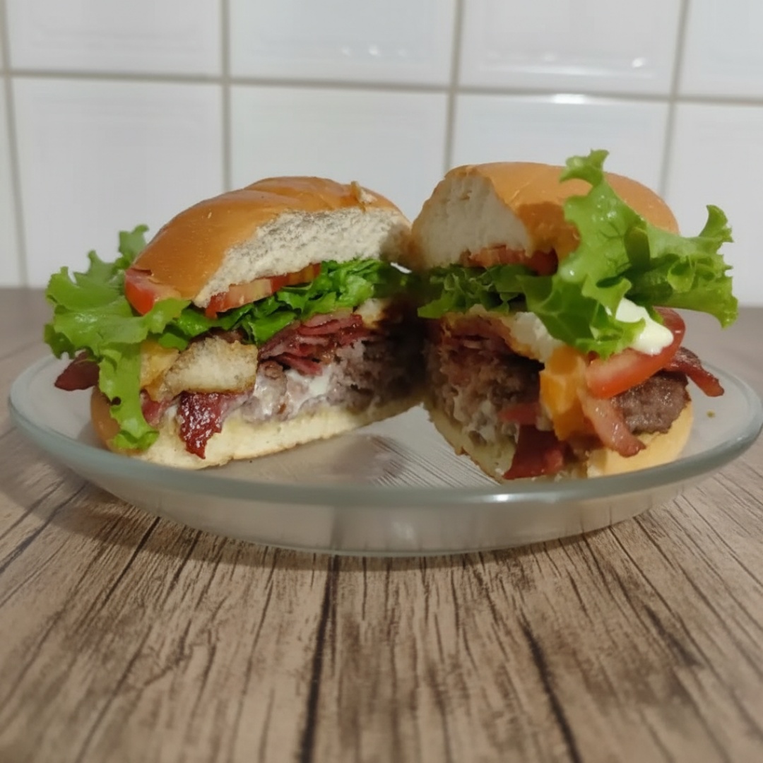 Pão de 120gr hambúrguer bacon queijo alface tomate ketchup e maionese