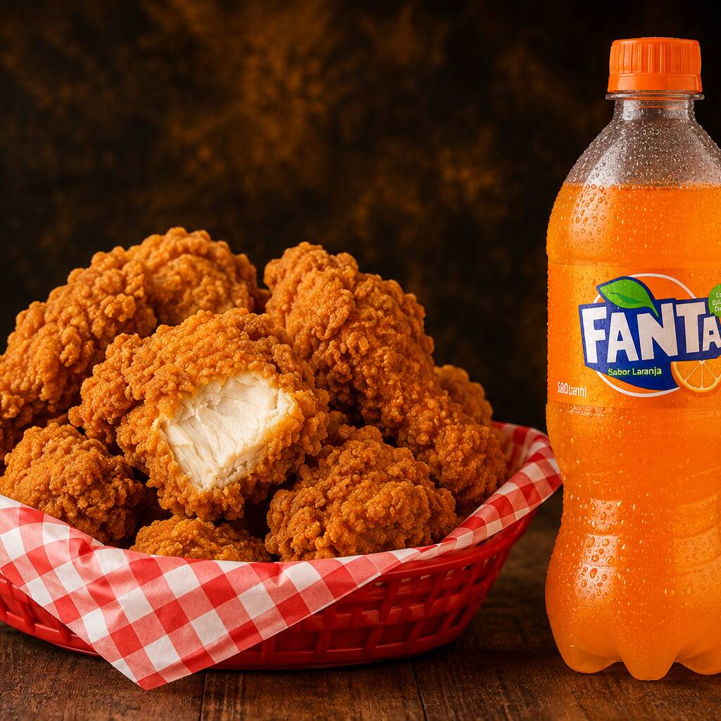 Porção de frango empanado crocante, preparada com pedaços suculentos e dourados, perfeita para compartilhar ou saborear como lanche. Acompanha uma Fanta Laranja 600ml bem gelada!