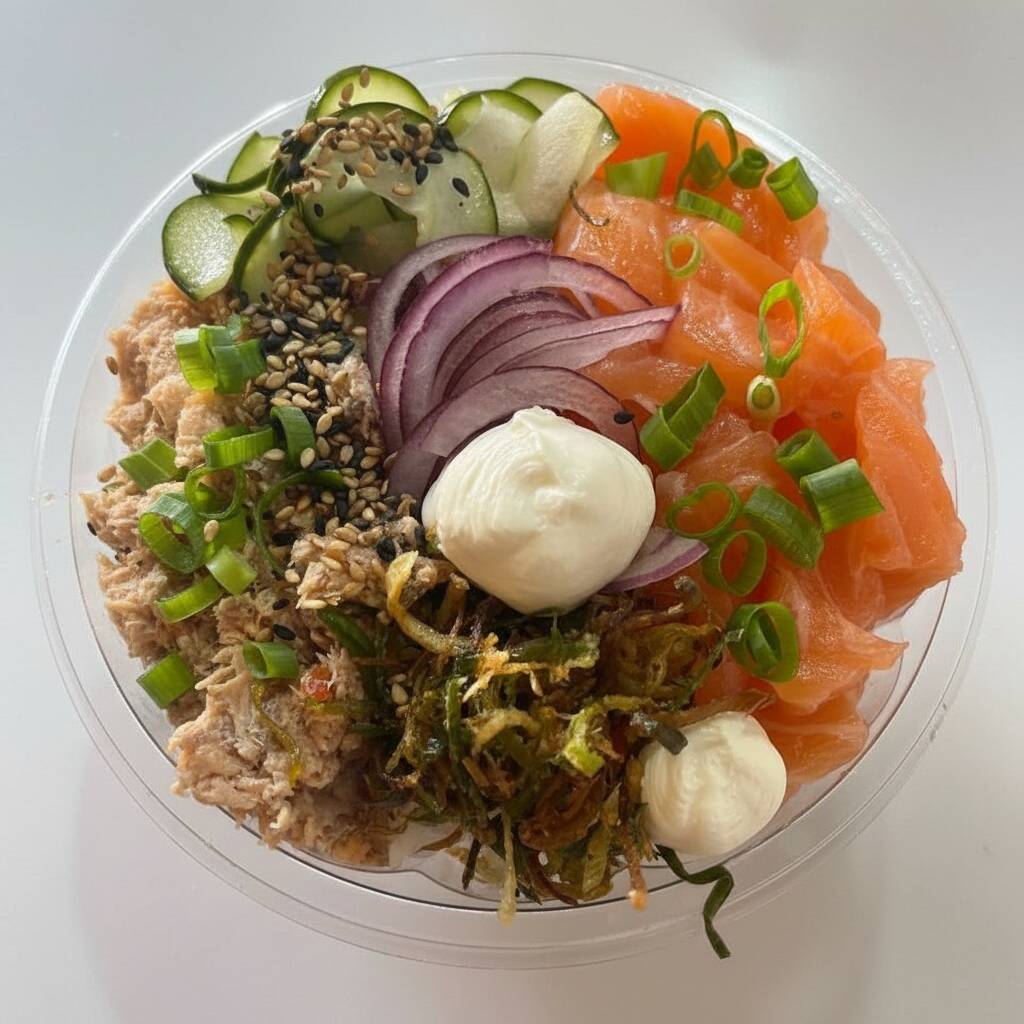 250 Arroz japones , Salmão grelhado, Salmão cru, sunomono, Alho poró, gergilin, Crean chesse , Cebola roxa .