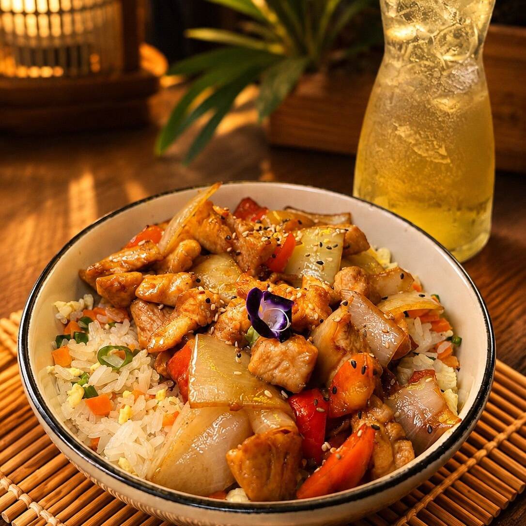Escolha 2 pratos: Yakisoba de Frango Grande, Frango Xadrez, Spicy Orange Chicken, Karê c/ Frango Empanado