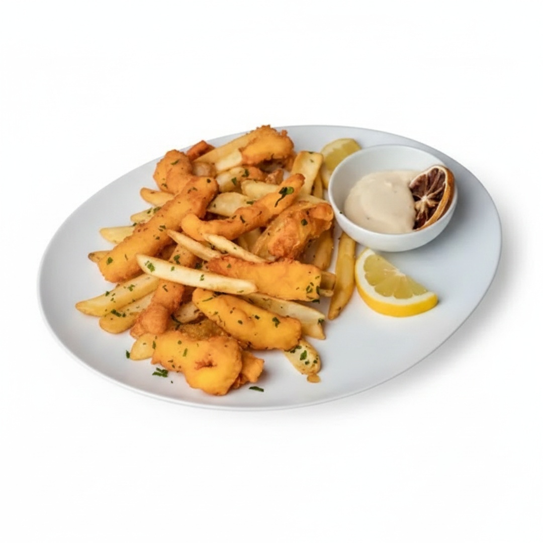 Tilapia com batata frita tradicional, maionese com toque de limão. 600g. + Asinhas de frango. Acompanha de saboroso molho picante. 500g.