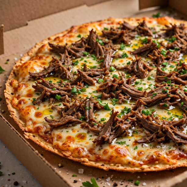 Carne seca desfiada temperada, cebola e mussarela derretida.