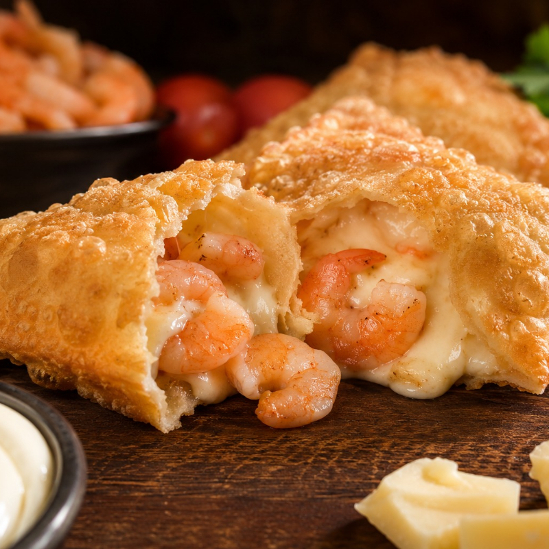 Camarão com queijo mussarela e requeijão cremoso.