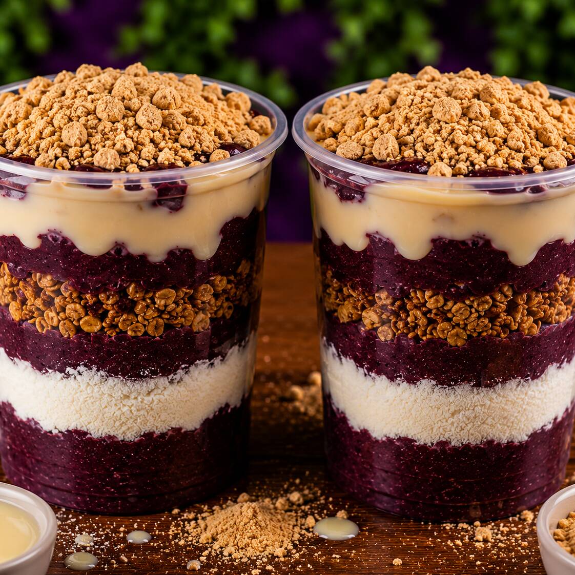 2 copo de açaí de 700 ml , granola , paçoca , leite em pó e leite condensado