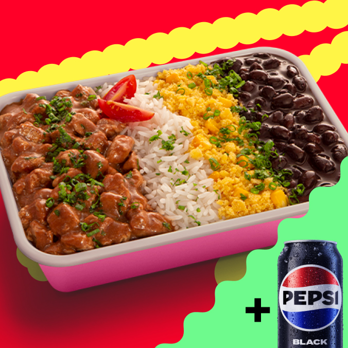 Não é um prato, é um patrimônio nacional. Nosso saboroso picadinho de carne vem na inseparável companhia do arroz, feijão preto e uma deliciosa farofa de milho. Salsinha, cebolinha e tomate-cereja dão aquela beleza tropical no seu Mita. Acompanha 1 Refrigerante Lata.