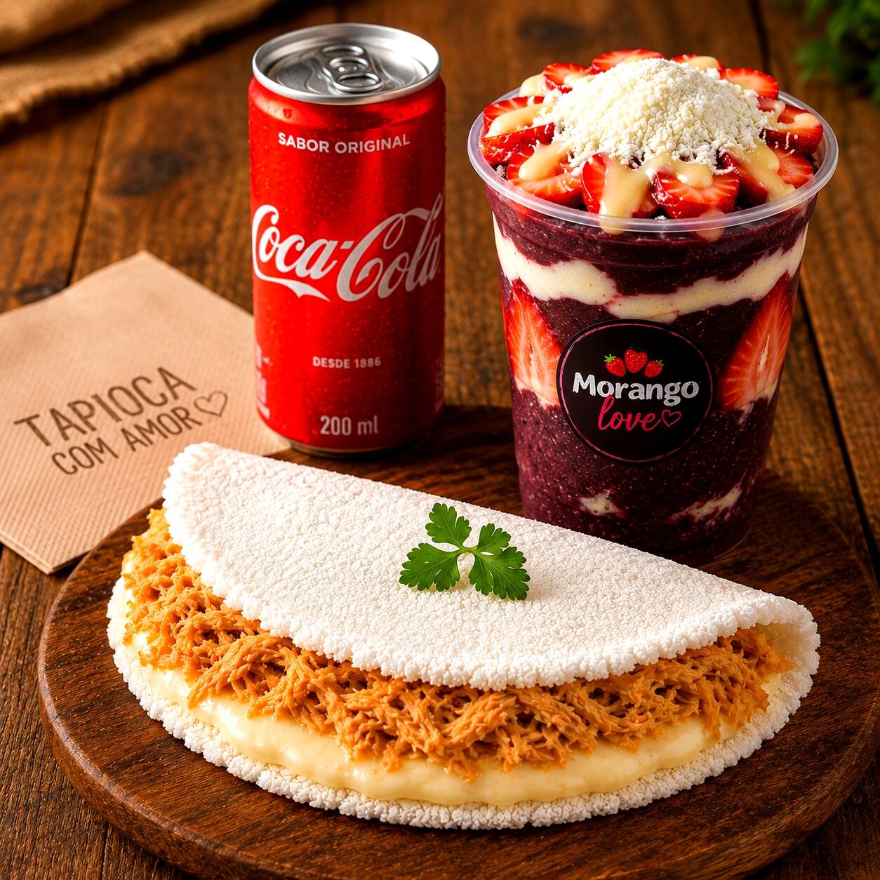 Açaí 300ml super cremoso
Feito na medida certa e finalizado com leite condensado, leite em pó e morangos fresquinhos — uma combinação doce, refrescante e simplesmente viciante!
Tapioca de frango com requeijão cremoso
Massa leve, recheio generoso e aquele toque cremoso que derrete na boca a cada mordida.
E ainda ganha uma Coca-Cola 200ml grátis para completar essa experiência perfeita!