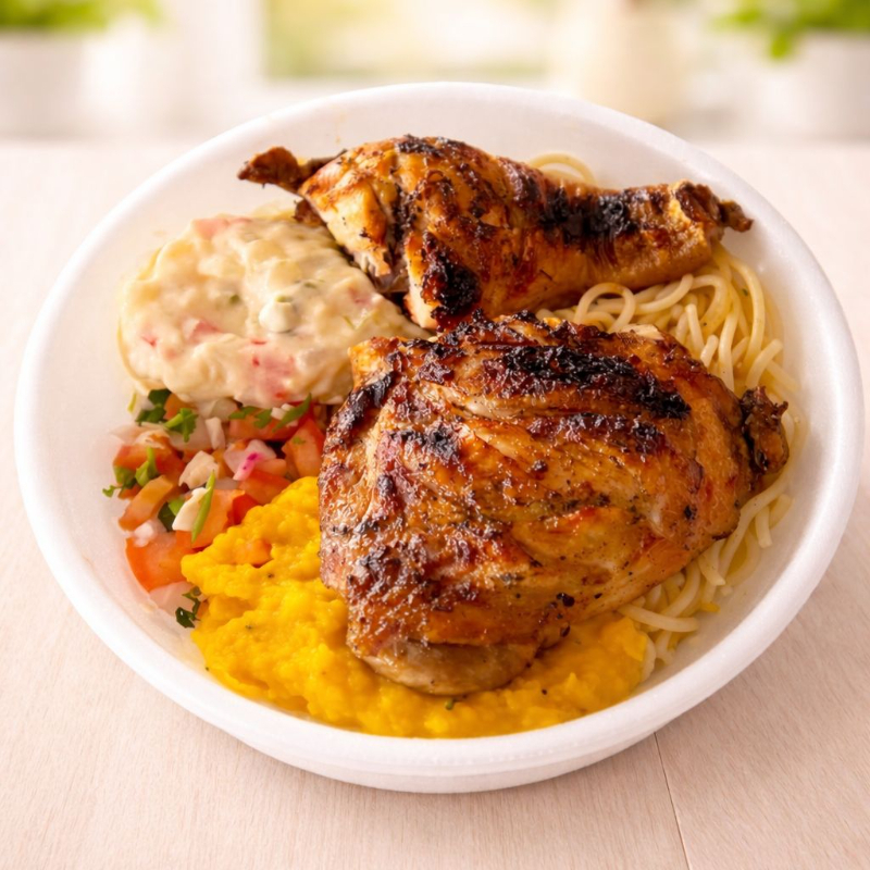 Frango assado na máquina, bem dourado e suculento, acompanhado de arroz (branco ou à grega), feijão (refogado, tutu ou tropeiro), espaguete (à bolonhesa ou alho e óleo) e batatas (fritas, cozidas ou purê). Inclui mix de legumes no vapor e salada à escolha (maionese, salpicão ou vinagrete — enviada separadamente).