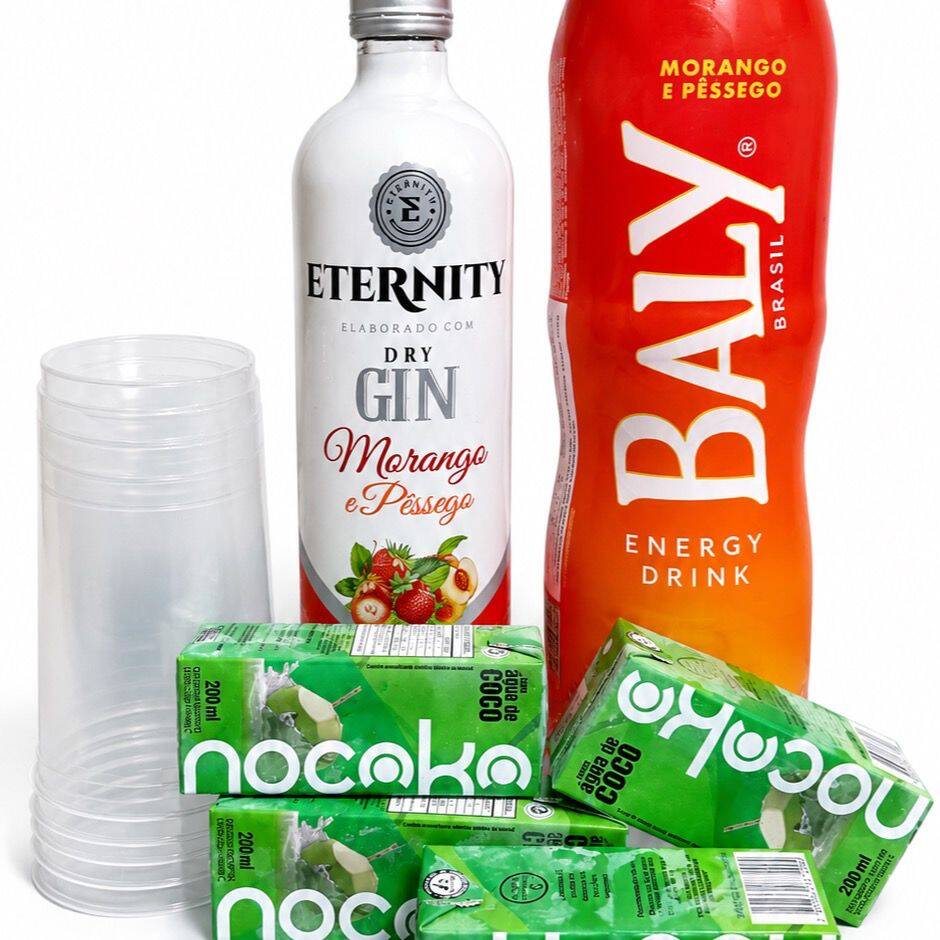 1x Eternity Morango e Pêssego + 1 Bally Morango e Pêssego 2L + 4 Gelos Sabor + 4 Copos.