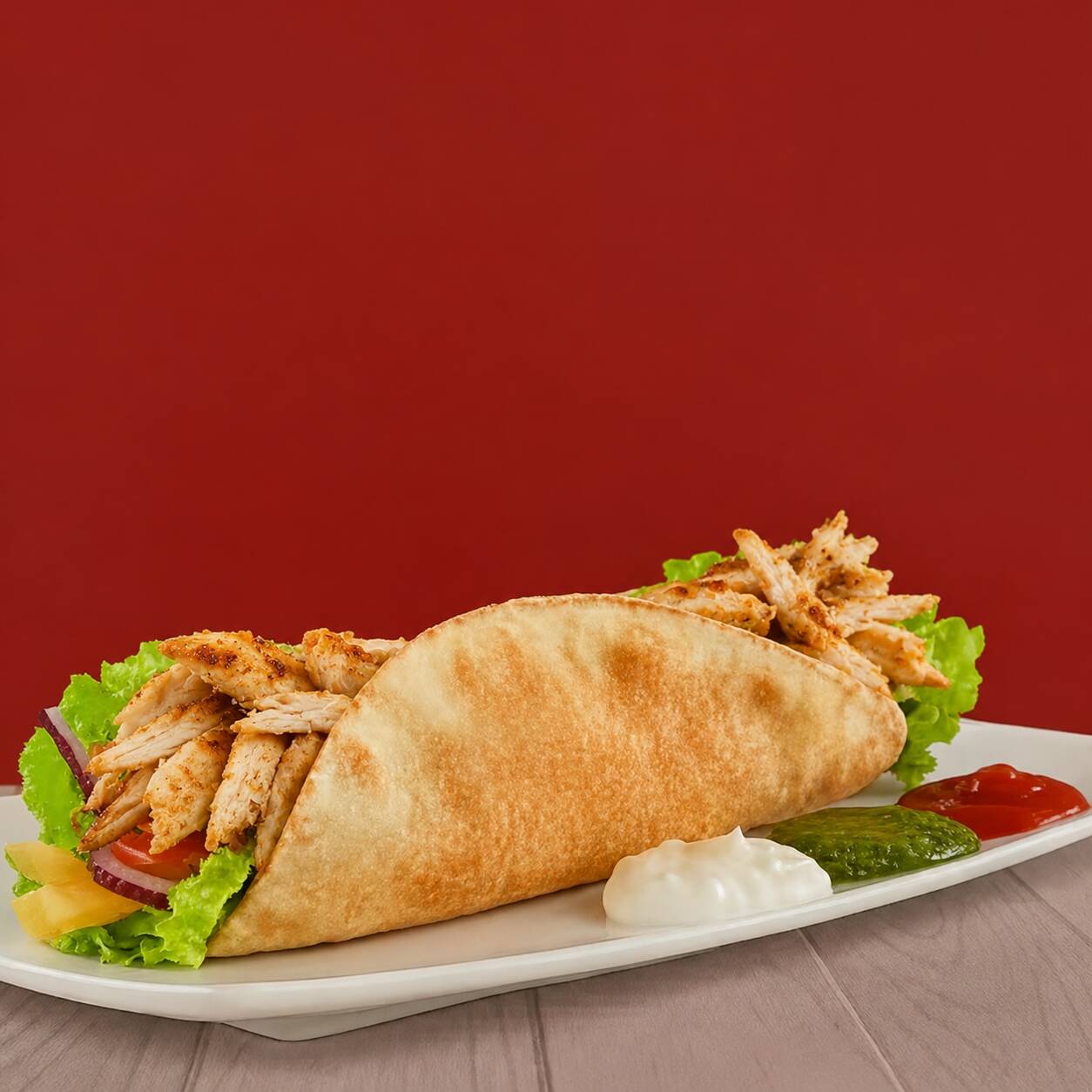 Pão sírio com frango, creme de alho, alface, tomate, cebola e batata frita por dentro. Finalizado na chapa, bem tostado e saboroso.