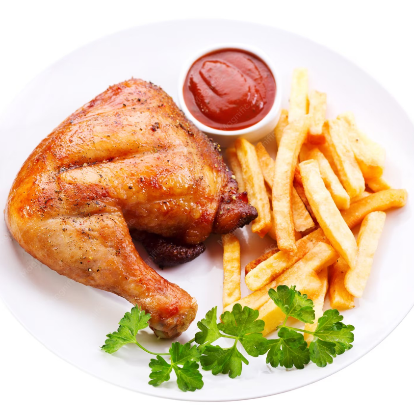 coxa sobre coxa,batata frita,farofa e vinagrete