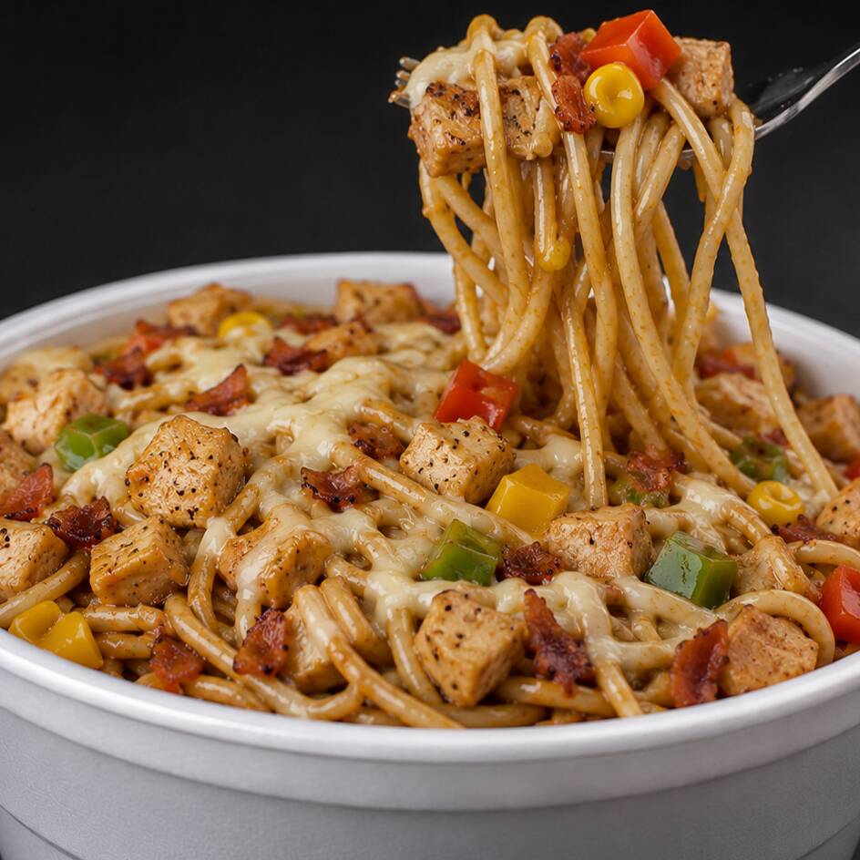 Delicioso macarrão na chapa preparado na hora com frango e bacon, pimentões coloridos, milho, molho especial a base de shoyu finalizado com mussarela.