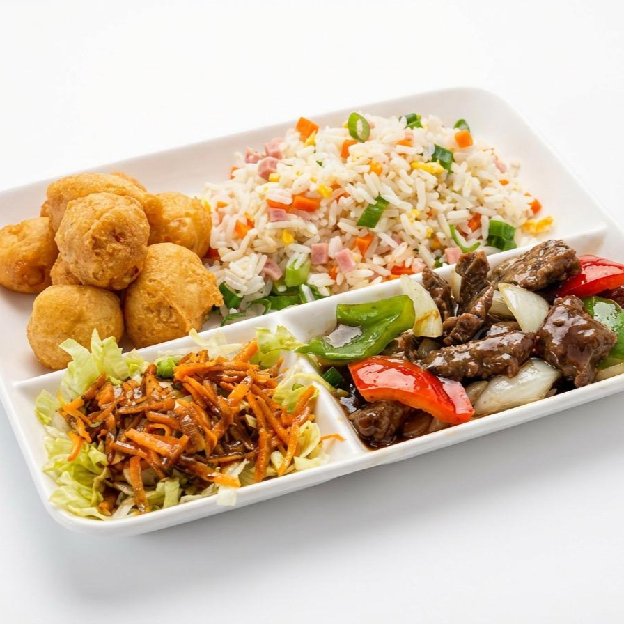 Acompanha: 1 rolinho primavera ou rolinho de queijo ou frango empanado + yakimeshi+ salada