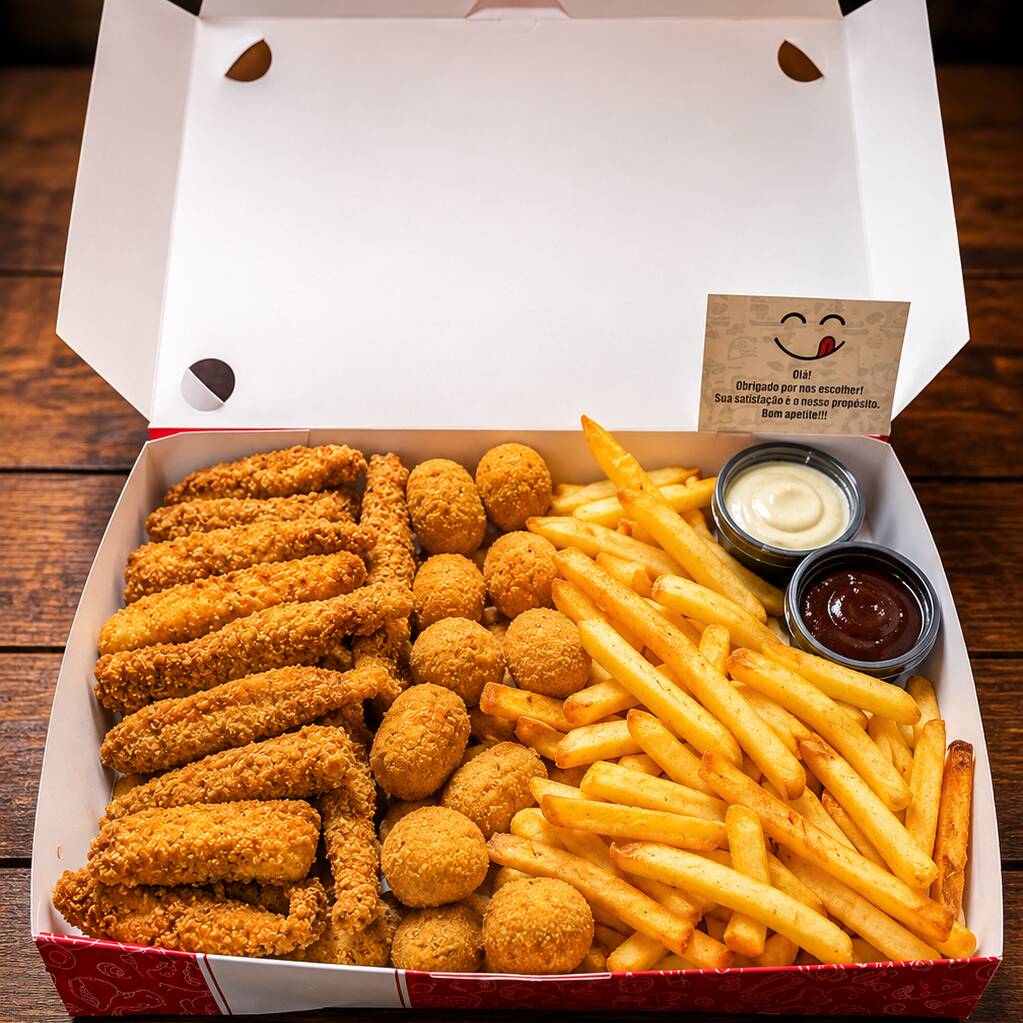 400g de Iscas de Tilápia crocante, 400g de Bolinhos redondinhos de tilápia e 300g de Batata frita crocante.