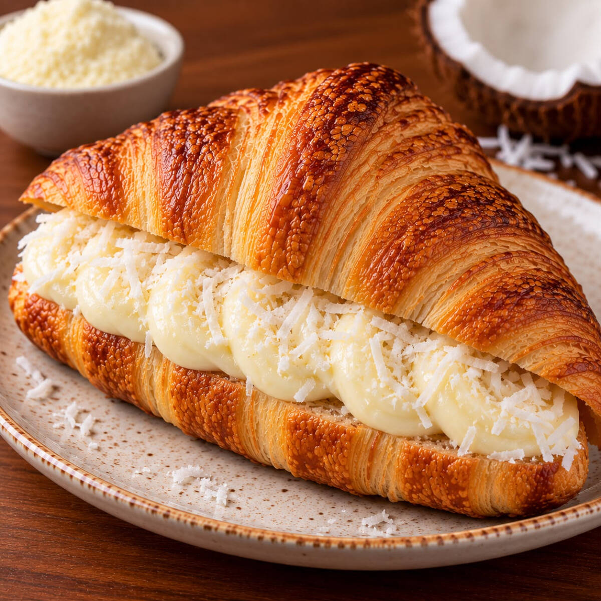 Croissant amanteigado recheado com creme de leite ninho cremoso com toque de coco ralado