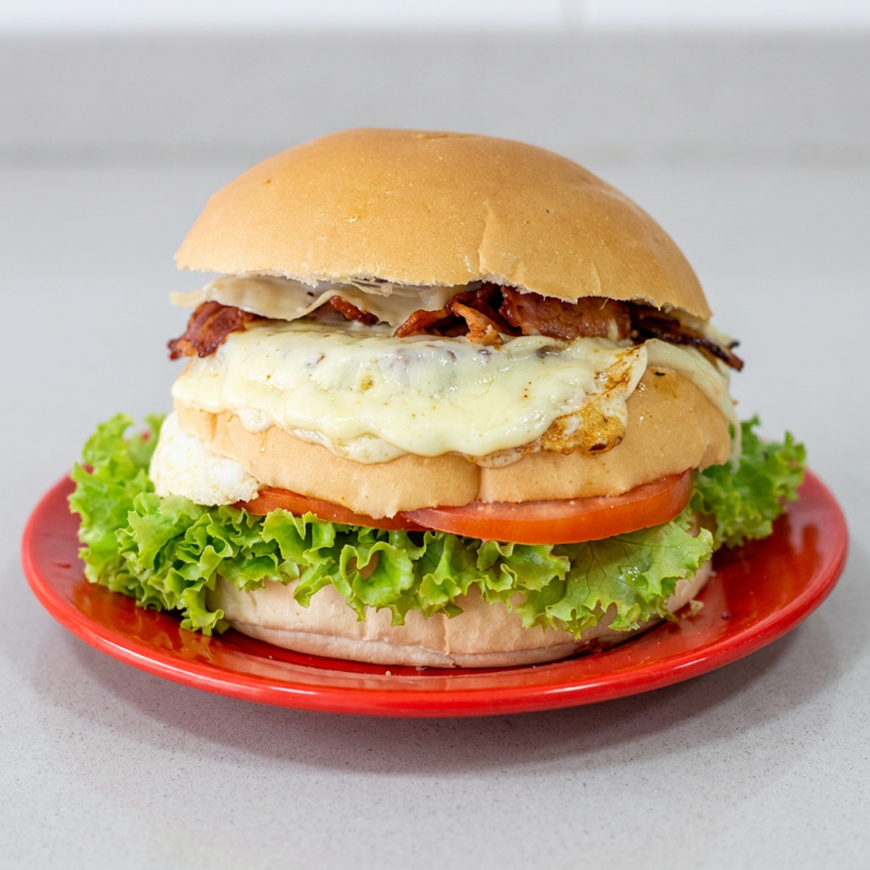 Pão, Hambúrguer, Queijo, Ovo, Bacon, Alface e Tomate