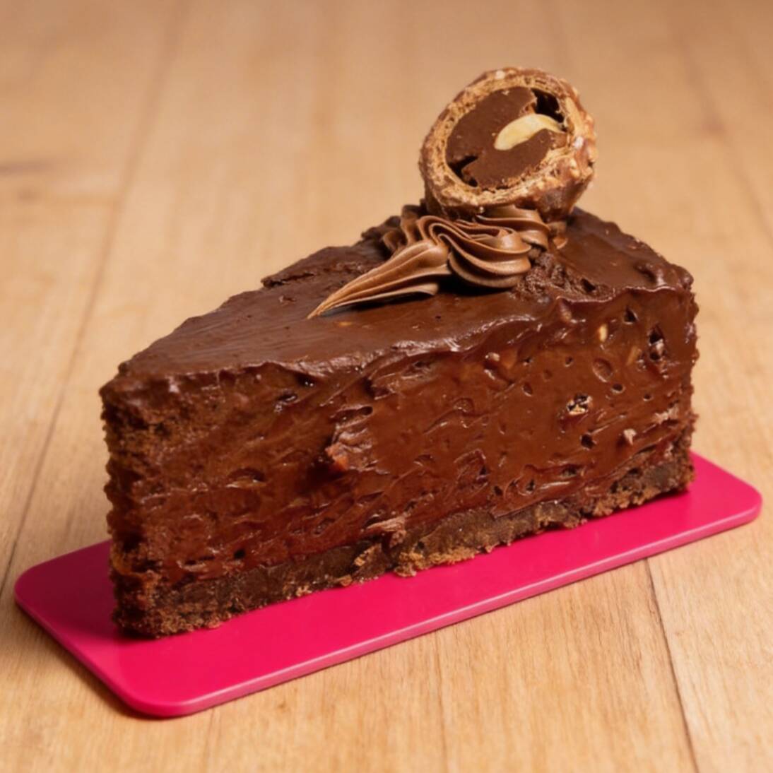 Base de bolacha amanteigada de chocolate, mousse de chocolate mesclada com ganache de chocolate, amendoim em xerém e finalização com metade de um bombom Ferrero.