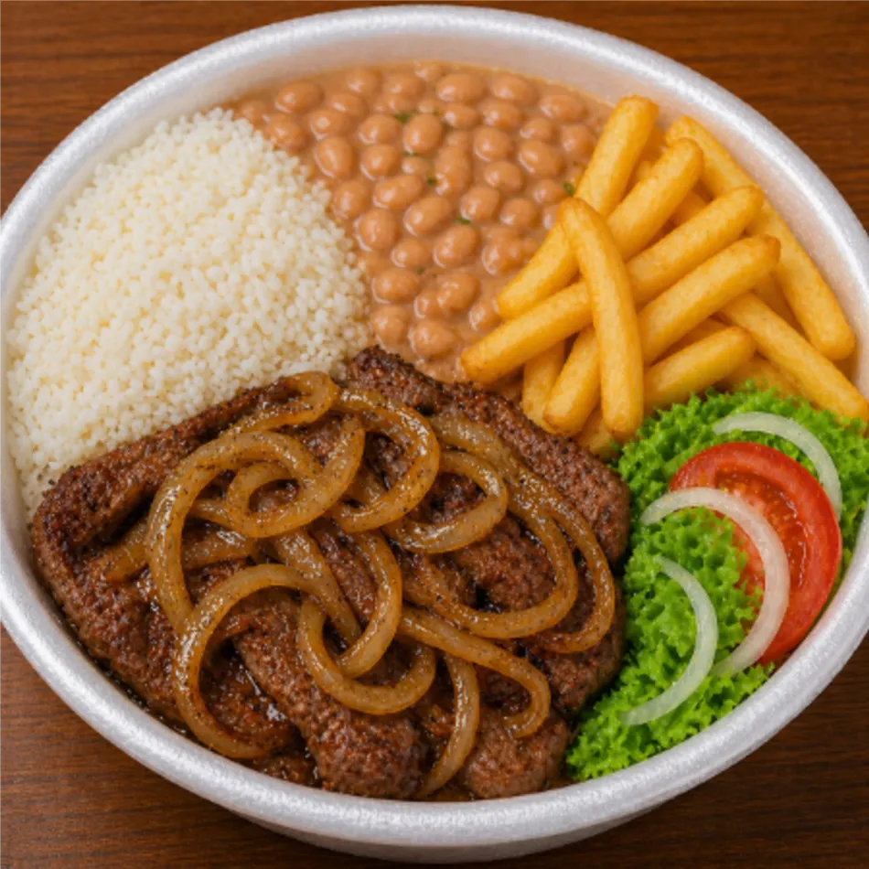 arroz, feijão, contra filé acebolado, ovo, batata frita e legumes
