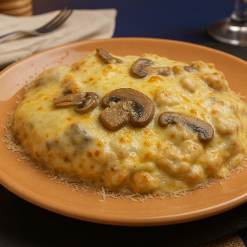 AREPA GRATINADA DE POLLO CON CHAMPIÑONES