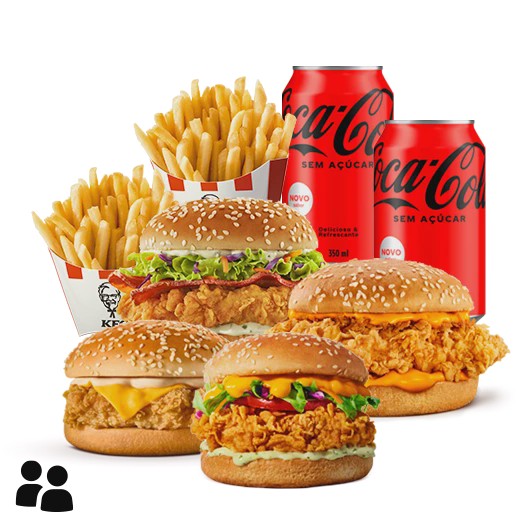 4 Sanduíches + 2 Batatas Médias + 2 Bebidas. Imagens Meramente Ilustrativas.